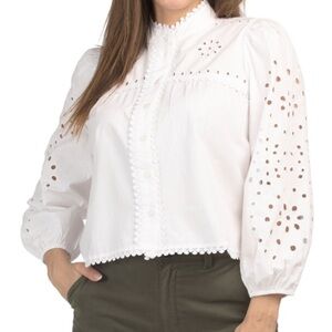 Avec Les Filles Eyelet Lace Trim Blouse Spring White Boho Prairie Cottagecore M
